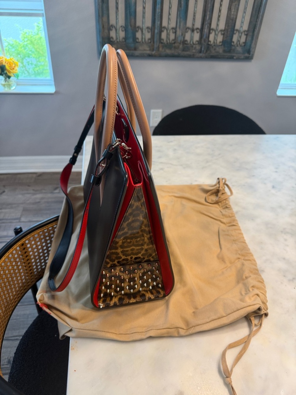 Christian Louboutin Black Tote with Tan Handles and Red Interior Trim - Picture 6 of 6